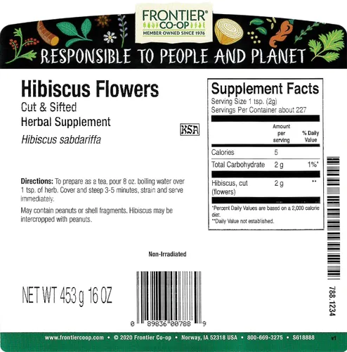 Vista 2 de Frontier Co-op Flores de hibisco, cortadas y tamizadas, Kosher Bolsa a granel de 1 libra Hibiscus sabdariffa L.