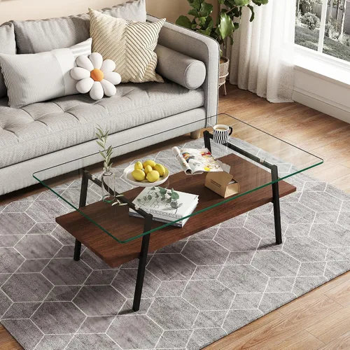 Vista 14 de IANIYA - Mesa de centro moderna de cristal, mesa de centro pequeña de mediados de siglo, mesa de centro para sala de estar con estantes de madera