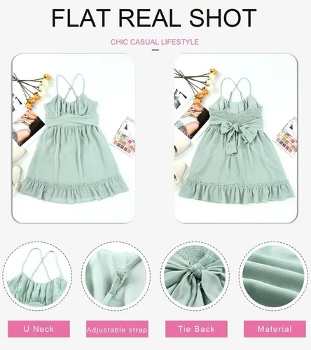 Vista 3 de Dokotoo Vestidos de tirantes delgados para mujer, cuello redondo, lazo, sin mangas, cintura elástica, dobladillo con volantes, acampanado, casual