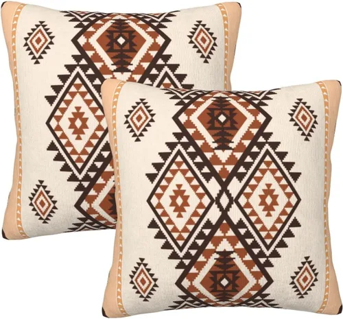 Vista 9 de Juego de 2 fundas de almohada de estilo étnico vintage, estampado geométrico azteca, étnico, tribal, para dormitorio, sala de estar, sofá