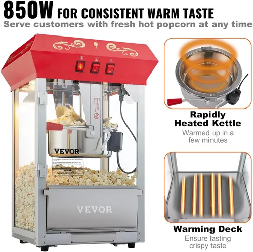 Vista 4 de VEVOR - Máquina comercial para hacer palomitas, hervidor de 8 oz, máquina de palomitas de 850 W para 48 tazas por tanda, máquina de palomitas