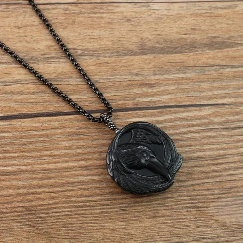 Vista 4 de COAI Collar con colgante de piedra de obsidiana Raven para hombres y mujeres