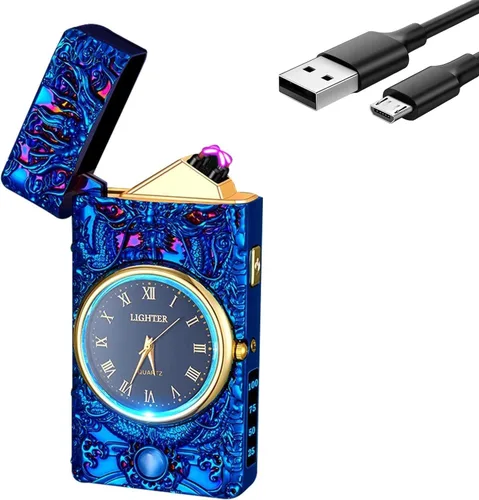 Vista 8 de GADATOP Encendedor eléctrico recargable a prueba de viento, encendedor de plasma con alivio de delfines 3D, reloj integrado con luz LED para uso