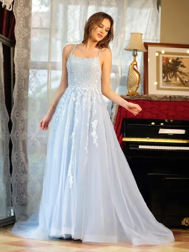 Vista 4 de TIRAS Vestidos de fiesta con apliques de encaje de espagueti para mujer, vestido largo de tul para fiesta, formal, vestido de fiesta de noche, CM264