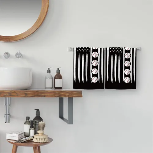 Vista 5 de Juego de 2 toallas de mano de béisbol, regalo para los amantes del béisbol, suaves y absorbentes, toallas de baño con bandera estadounidense
