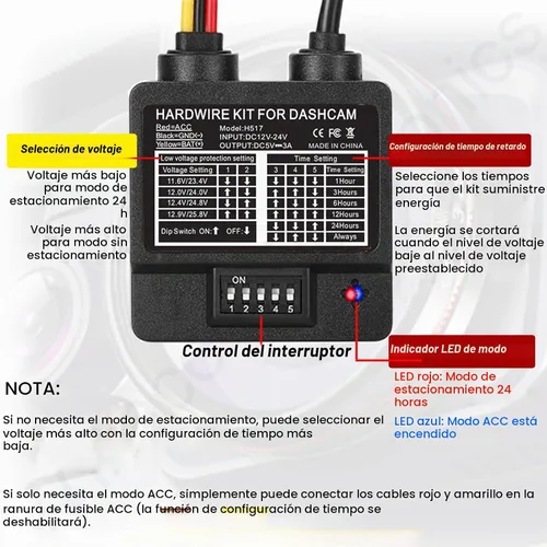 Vista 3 de Kit de cable duro para cámara de salpicadero, USB C de 3 cables, cargador de cámara de salpicadero modo de estacionamiento 24h