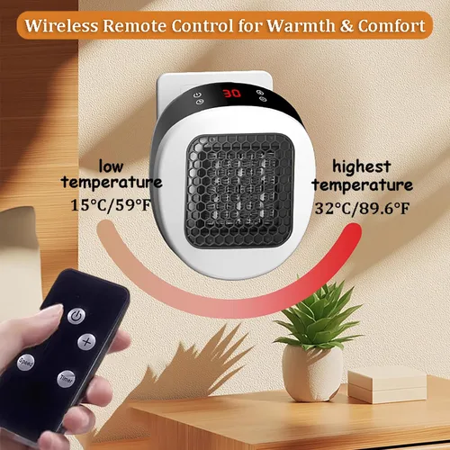 Vista 2 de Calentador de espacio pequeño de 600 W, mini calentador de pared remoto, temporizador de 12 horas, pantalla LED y apagado automático de seguridad