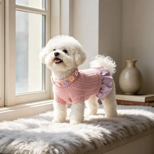 Vista 5 de YUDODO Small Dog Sweater Dress with Bowtie Turtleneck - Knitted Pet Clothes Dusty Pink