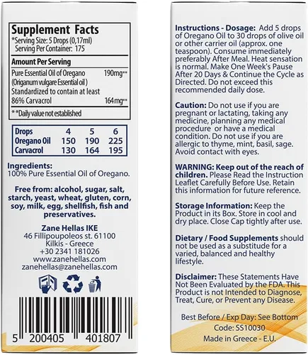 Vista 3 de Zane Hellas 190 mg de aceite de orégano-164 mg de carvacrol por porción-4 gotas diarias. Aceite de orégano 100% griego sin diluir. 86%-90% Carvacrol