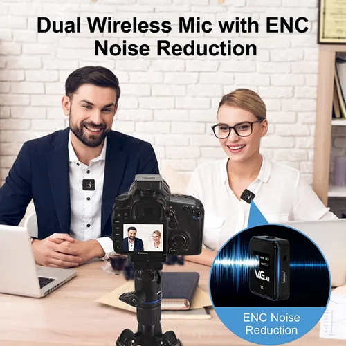 Vista 2 de VeGue Sistema de micrófono inalámbrico Lavalier, micrófono de solapa inalámbrico de doble canal de 2.4 GHz con cancelación de ruido para cámaras