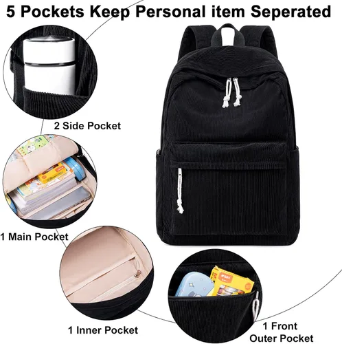 Vista 5 de Bluboon Mochila para niñas escolares y niñas, bonita mochila de pana para niños, mochila para laptop, regalos para mujeres, Negro (Corduroy Black)