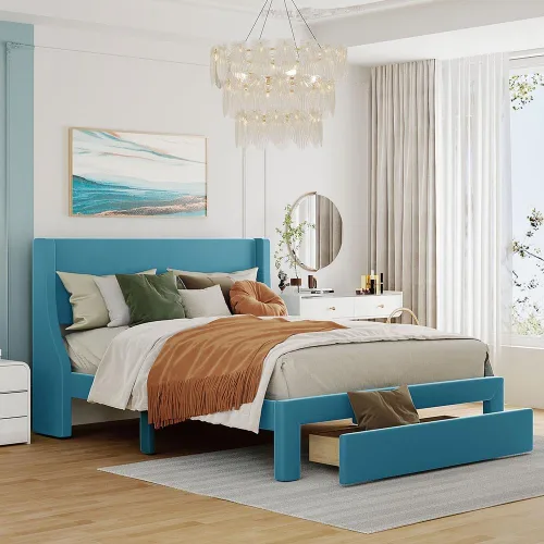 Vista 3 de Anwick Base de cama de terciopelo de tamaño matrimonial con cajón de almacenamiento, cama moderna tapizada con cabecera y listones de madera maciza