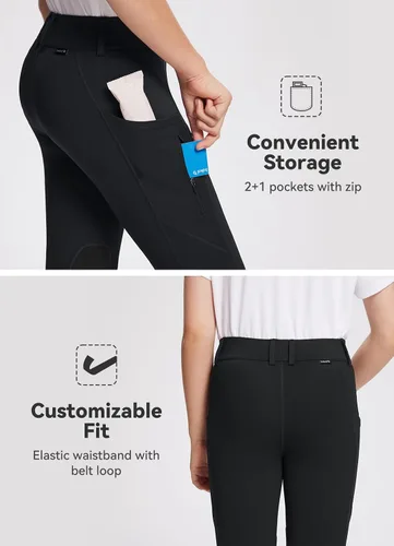 Vista 4 de BALEAF Pantalones de equitación para niñas, pantalones ecuestres con parche en la rodilla, mallas escolares juveniles con bolsillos con cremallera