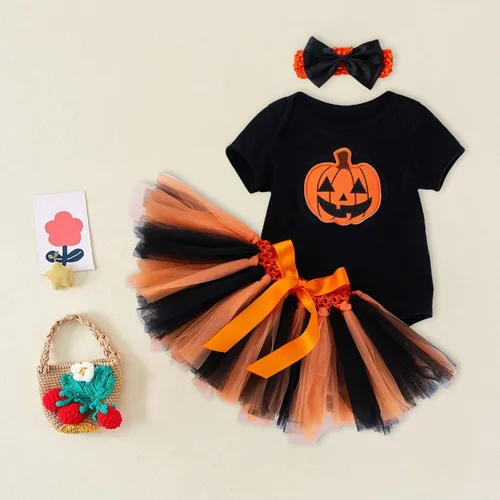 Vista 2 de Zapatos de bebé para niñas pequeñas, manga corta, estampado de calabaza, falda con diadema, traje para niñas de 0 a 24 años de verano