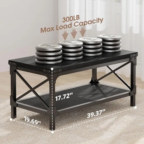 Vista 2 de Mesa de café rectangular para sala de estar, mesa de café rectangular de madera, mesa central industrial moderna de 2 niveles con tablero engrosado