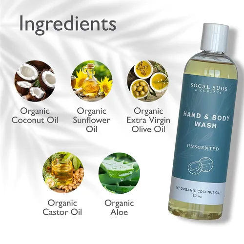 Vista 3 de SoCal Suds & Company Gel de baño orgánico - Jabón líquido suave para manos y cuerpo para hombres y mujeres, fabricado con aceites orgánicos y aceite