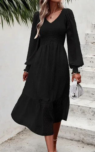 Vista 3 de PRETTYGARDEN - Vestidos de primavera para mujer, de manga larga, con cuello en V, plumetí, cintura imperio, de gasa, con volantes, vestidos por