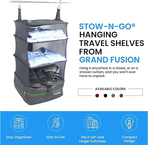 Vista 9 de Grand Fusion Stow-N-Go Organizador de equipaje de viaje Estantes de viaje colgantes portátiles, organizador de armario de mano, cubos de embalaje