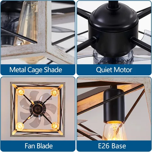 Vista 3 de Dalouguan Ventilador de techo enjaulado con luz, ventilador de techo sin aspas de 4 luces con luces y control remoto, ventilador de techo rústico