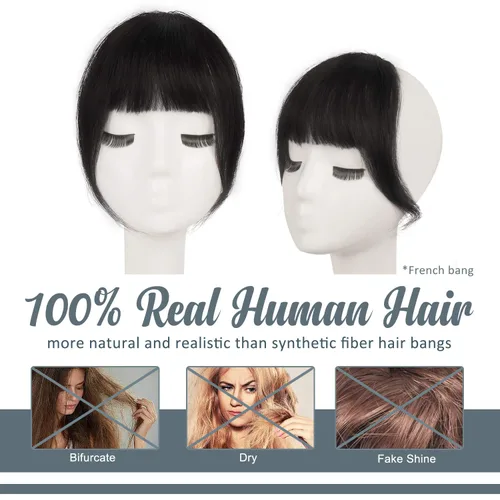 Vista 5 de BARSDAR Clip en flequillo de cabello humano + extensiones de cabello ondulado con clip - Negro