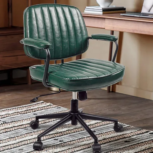 Vista 9 de Silla de oficina moderna de mediados de siglo, silla de escritorio ergonómica de piel sintética con ruedas y brazos, silla giratoria ajustable