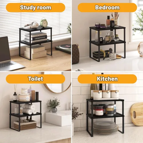 Vista 6 de Juego de 4 estantes organizadores de armario de cocina, estantes resistentes para encimera de cocina con patas de metal, estante apilable de madera