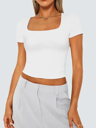 Vista 6 de Trendy Queen Camisetas de manga corta para mujer, cuello cuadrado, lindas para salir, camisetas básicas para mujer, ropa de moda de verano