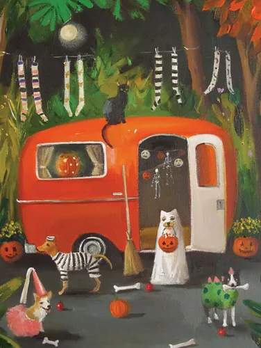 Vista 2 de New York Puzzle Company - Janet Hill Los perros de Halloween - Rompecabezas de 500 piezas para noches de juego familiares por Janet Hill