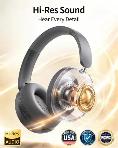 Vista 3 de Wentronic Y05 Wireless Bluetooth Headphone, Noise Cancelling, Grey Wireless Over-Ear Headphones, Hi-Res Audio, 48H Playtime, Built-in Mic, Comfort