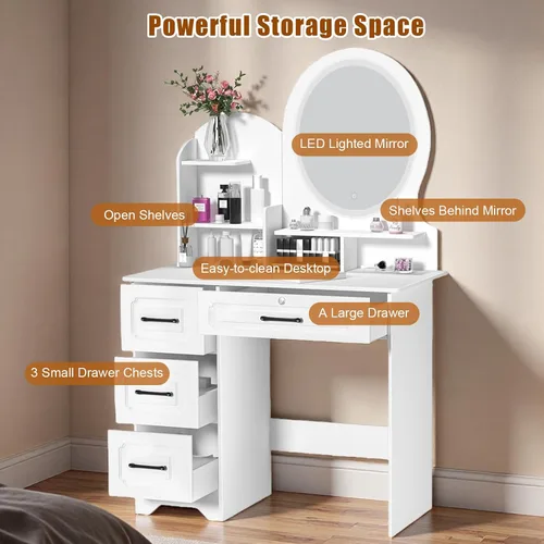 Vista 2 de Escritorio de tocador con espejo LED, 3 modos de iluminación de brillo ajustable, espejo de maquillaje con 4 cajones, tocador para dormitorio