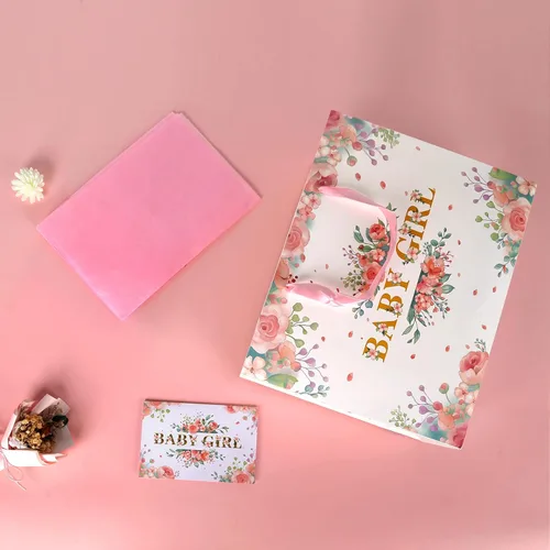 Vista 4 de Bolsa de regalo floral rosa grande de 13 pulgadas para bebé, incluye papel de regalo, papel de seda rosa y tarjeta para regalos de recién nacidos