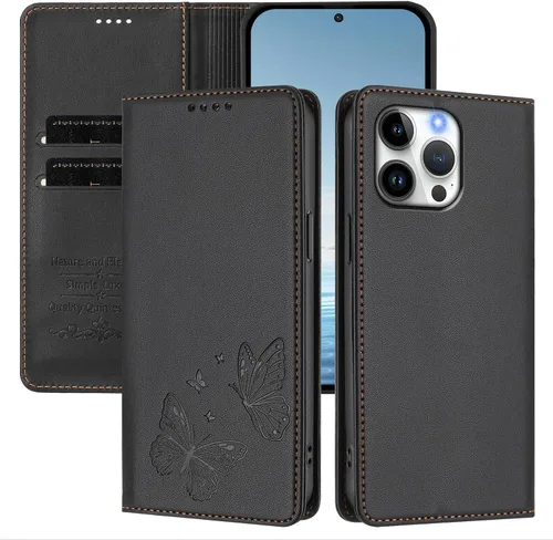 Vista 3 de Butterfly Embossed Leather Wallet Flip Case for Motorola Moto E22i 4G, Magnetic Closure, RFID Blocking Cover, Card Holder Black.