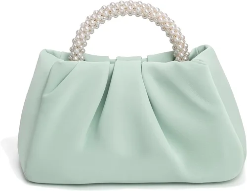 Vista 18 de Beatfull Bolso de noche para mujer, bolso de mano pequeño con perlas de cuero suave, bolso fruncido para boda, novia, fiesta, baile de graduación