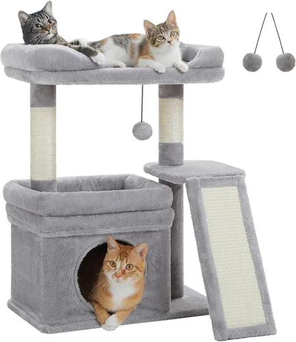 Vista 8 de PEQULTI Árbol para gatos pequeños a medianos: bonita torre para gatos beige con amplia percha acolchada, condominio privado y poste rascador