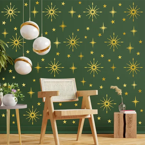 Vista 2 de Calcomanías de pared con estrella dorada, diseño retro de explosión de estrellas, calcomanías para dormitorio, sala de estar, decoración de techo