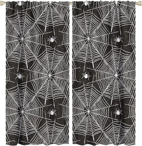 Vista 73 de Cortinas opacas de tela de araña aterradora para niños, tela de araña en blanco y negro, fondo rojo, dormitorio de niños, guardería, decoración