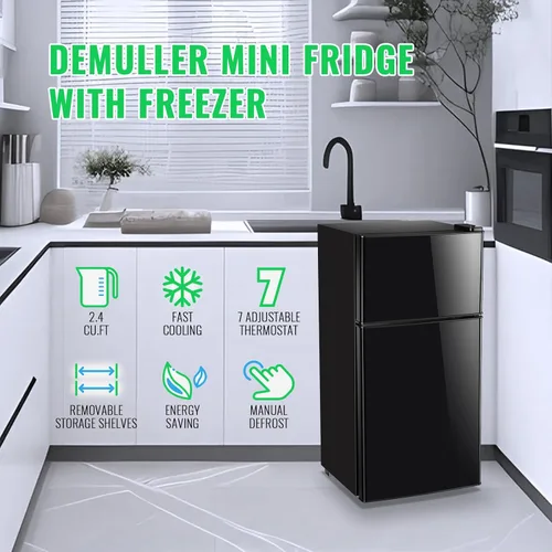 Vista 6 de DEMULLER Mini Refrigerador de 2.4 Pies Cúbicos con Congelador y Doble Puerta, Refrigerador Pequeño de Tamaño Compacto con Perilla de Control