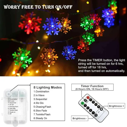 Vista 4 de Zimati Luces de Navidad multicolores, 20 pies, 40 luces LED multicolor de copo de nieve en cadena, 8 modos de temporizador, funciona