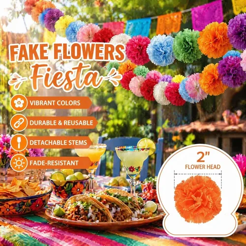 Vista 7 de Nicunom Paquete de 120 cabezas de flores de caléndula a granel, cabeza de flores de seda multicolor con tallos de flores artificiales, guirnaldas