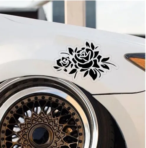 Vista 2 de MAKTEM Rosas con hojas, calcomanías sexys de automóvil para hombres y mujeres, calcomanías de automóvil de flores, accesorios de automóvil de Negro