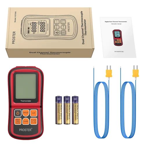 Vista 8 de Proster tester medidor de temperatura con retroiluminación LCD de dos canales con termómetro y termopar digital para clase K/J/T/E/R/S/N, con dos