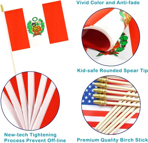 Vista 3 de QQSD Mini banderas de mano con bandera peruana de Perú, poste de madera maciza con punta de lanza, paquete de 12