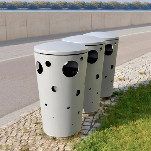 Vista 5 de Bote de basura para exteriores, de acero inoxidable, creativo, redondo, para exteriores, patio, calle, papelera, clasificación de metal, contenedor 1