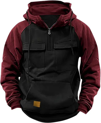 Vista 8 de Sudaderas tácticas para hombre, con cremallera de un cuarto, con capucha, manga larga, estilo cargo, entrenamiento, al aire libre, con bolsillo