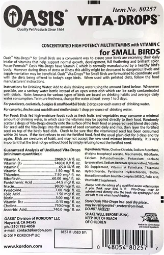 Vista 4 de OASIS #80257 Vita Drops para pájaros pequeños, multivitamínico líquido de 2 onzas