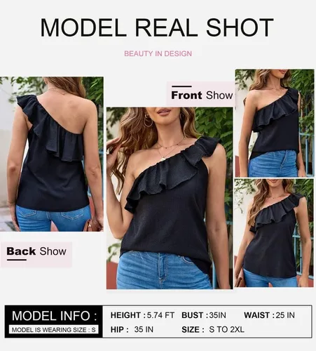 Vista 2 de Dokotoo Camiseta sin mangas para mujer, con un hombro descubierto, con volantes, lisas, holgadas