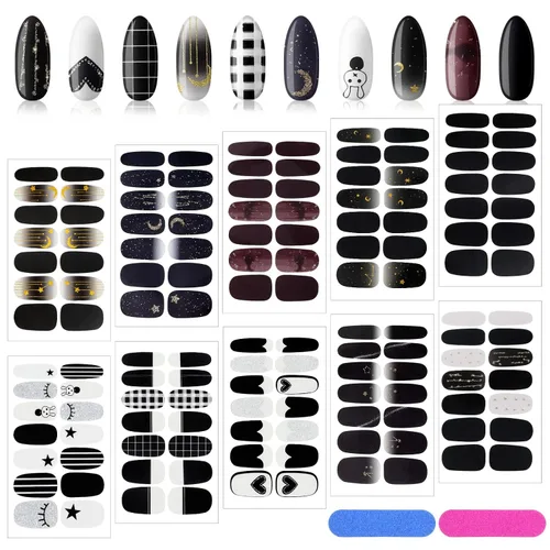 Vista 13 de 140 piezas, 10 hojas de calcomanías de uñas de envoltura completa, tiras de esmalte con degradado, calcomanías autoadhesivas con purpurina, tiras