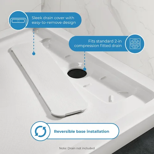 Vista 7 de OVE Decors Base de ducha rectangular de 60 pulgadas de ancho x 34 pulgadas de profundidad, drenaje lateral oculto, acrílico blanco, diseño reversible