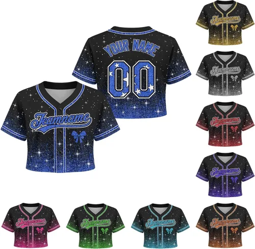 Vista 23 de Camiseta de béisbol de uniforme de animadora personalizada, camiseta de animadora para niñas, mujeres, jóvenes, niños, camiseta con purpurina