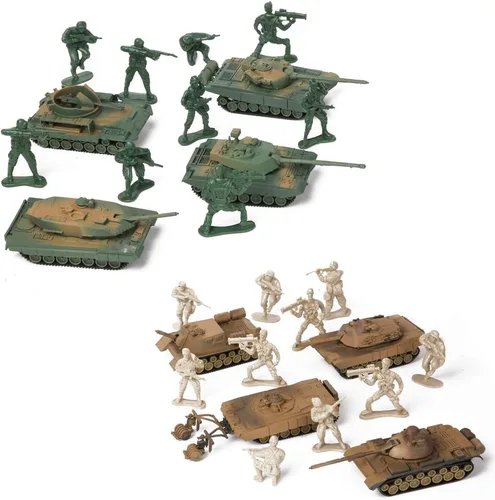 Vista 5 de PROLOSO Juego del ejército militar, 8 modelos de tanques de batalla desmontables y 20 pequeños soldados de juguete